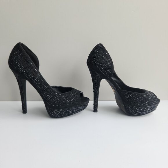 Betseyville Betty Johnson 6.5 Y2K Black w/ Gems Peep Toe Pumps Platform Stiletto - Picture 4 of 9